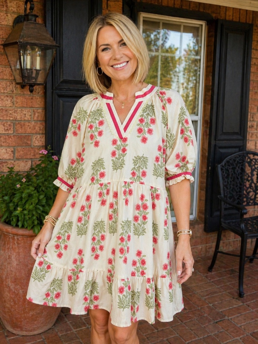 NWT Umgee Floral Babydoll Dress | Cream Pink Green Tiered Boho Cottagecore M